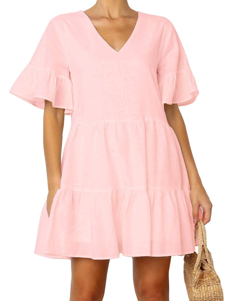 FANCYINN Women Cute Pink Shift Tunic Dress Bell Sleeve V Neck Swing Pink Ruffle Babydoll Dress Summer Vacation XL - Image 3